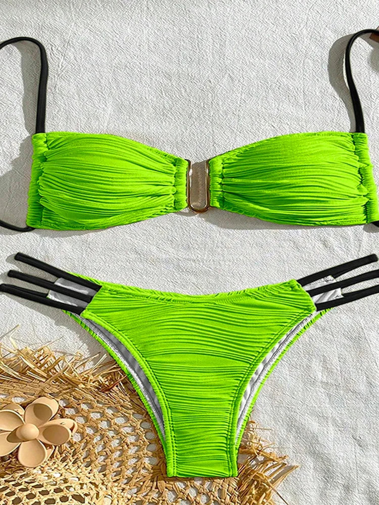 Vzvn Sexy Solid Beach Vacation Bikinis Set Women Split Swimsuit Bikini 2026 New All Season Backless Bandage Bikinis 2 Piece Set