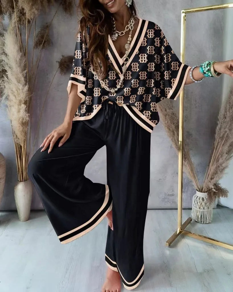Sexy V Neck Batwing Sleeve Shirt Pants Sets For Women Spring Summer Fashion Print Blouse Trousers Two Piece Sets Femme Outfits