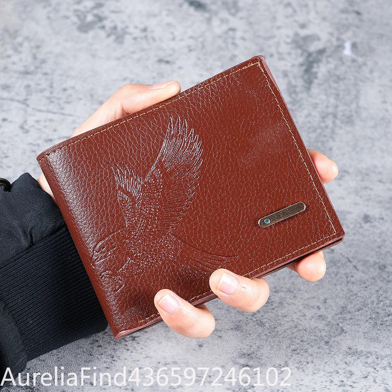 Men Slim Short Wallet Soft‑Leather Eagle‑Pattern High‑Appearance Coin Purse Card Holder For Student Youth Daily Travel Storage Accessory