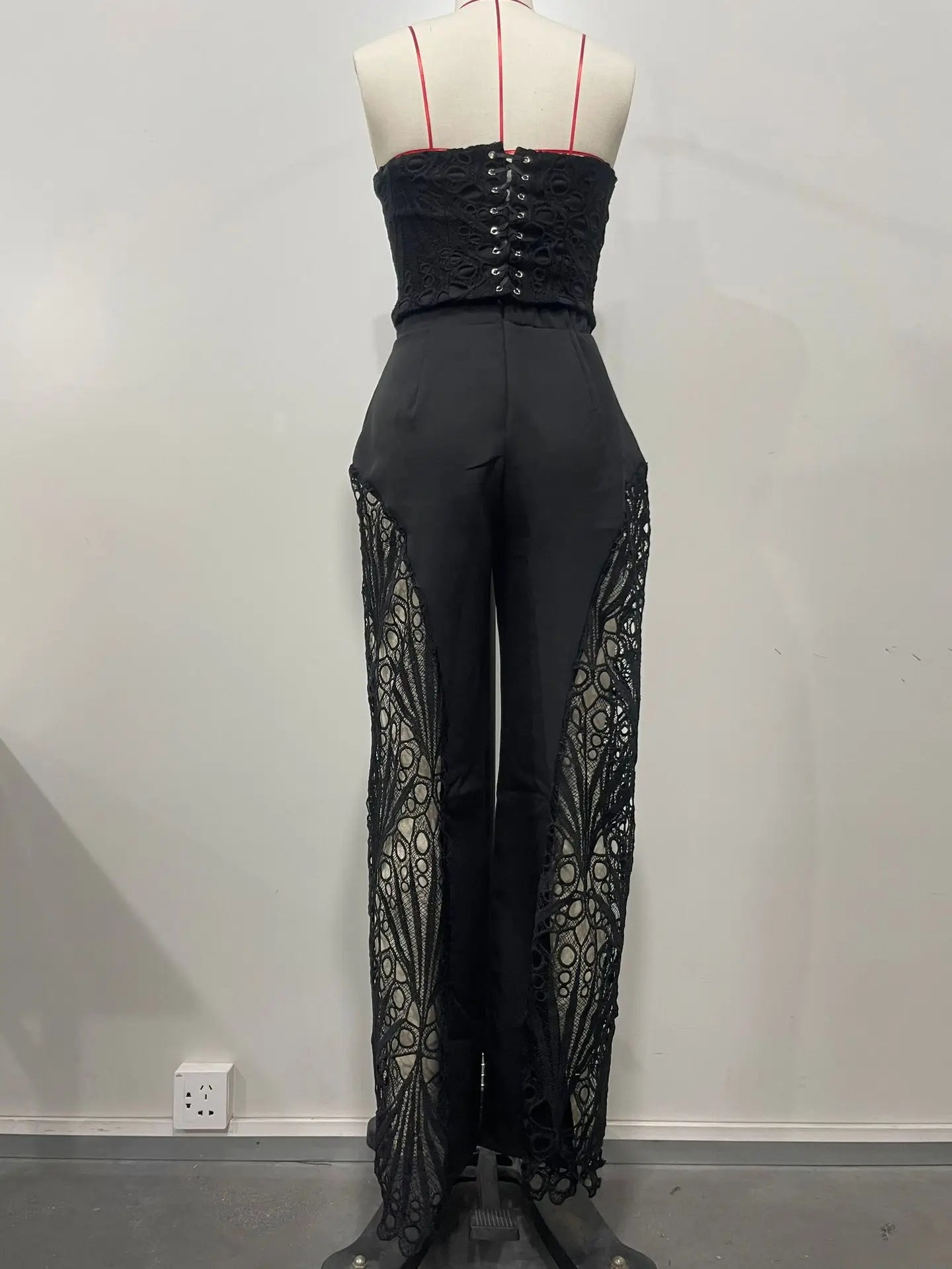 Women's Solid Color Pants Sets Hollow Out Lace Tube Top Cropped Top High Waist Trousers Two Piece Set Sexy Hot Girl Streetwear