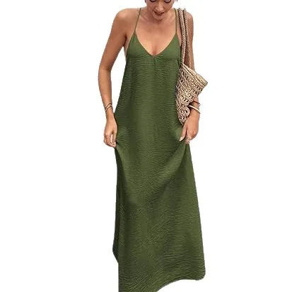 Women's New Solid Color Spaghetti Strap Deep Backless Loose Flowy Maxi Dress Elegant Comfort Casual Trendy Versatile Daily Dress
