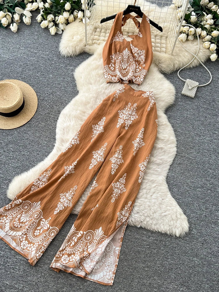 Women's Summer Two Pieces Bohemian Vacation Printed Halter Neck Sleeveless Top High Waist Wide Leg Pants Two-piece Set TP044
