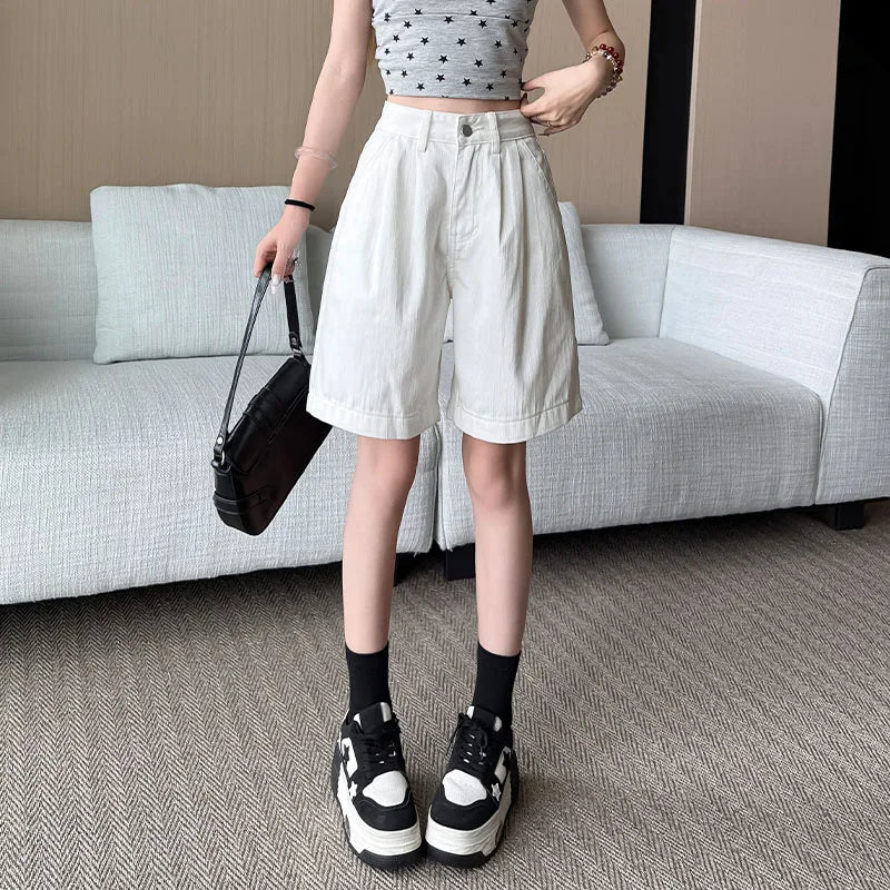 Y2K Retro Loose Casual Middle Short Jeans Summer New Women's Korean Denim Five Points Pants Ladies Fashion All Match Baggy Jeans