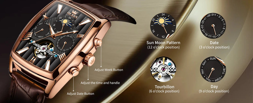 OLEVS 6675 Mens Watch Flywheel Multifunctional Chronograph Mechanical Watch Leather Strap Square Watches For Man High Quality