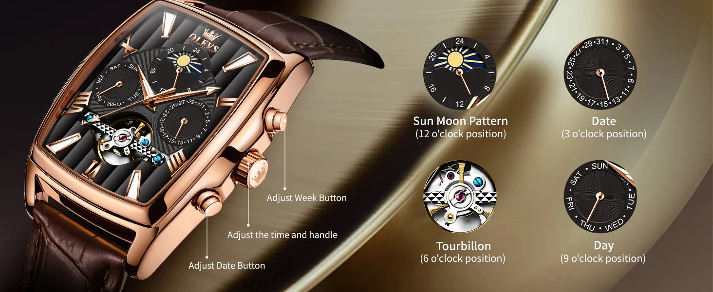 OLEVS 6675 Mens Watch Flywheel Multifunctional Chronograph Mechanical Watch Leather Strap Square Watches For Man High Quality