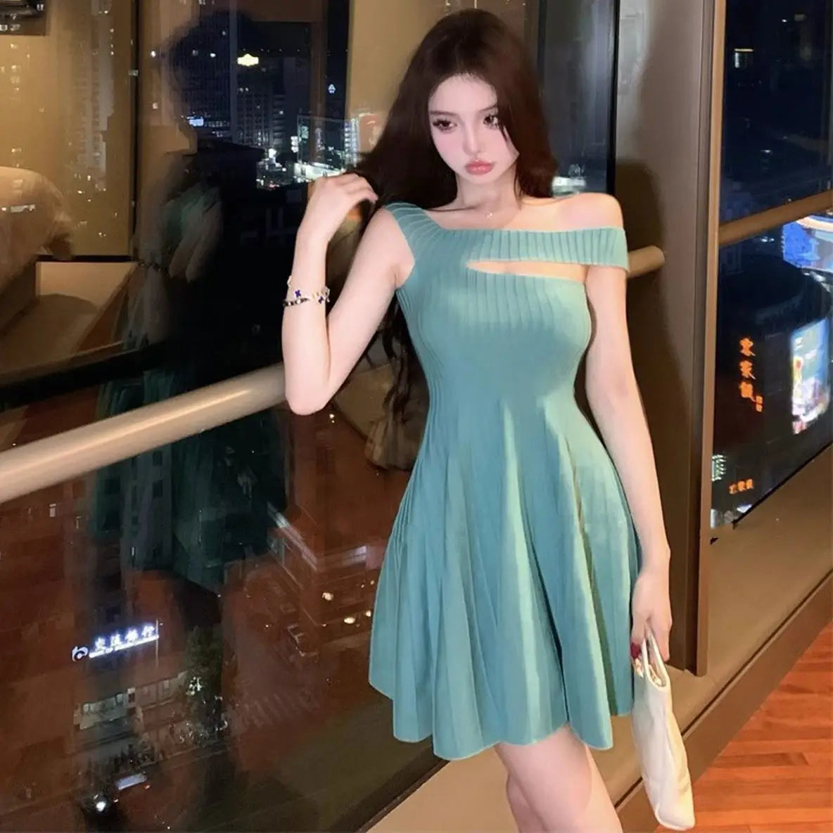 Women's Off Shoulder Knit Mini Dress Hollow Out Chest Flared Skirt Solid Color Party Evening Dress