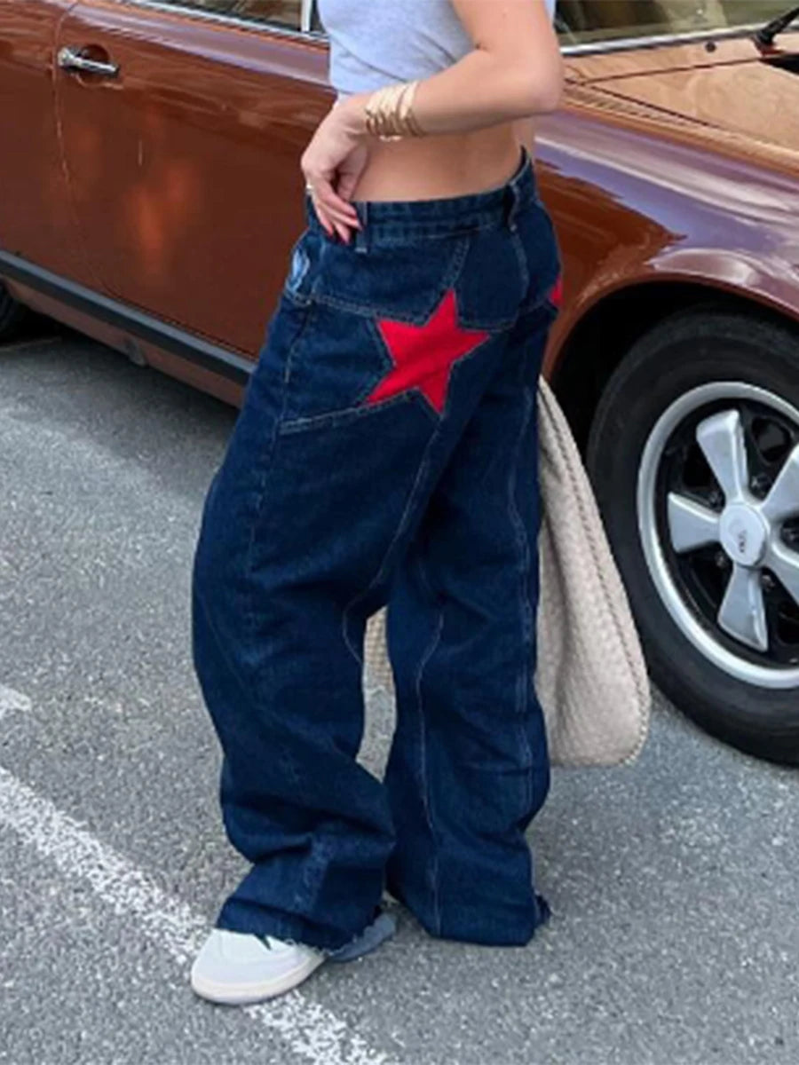Women's Y2K Vintage Jeans Aesthetic Star Pattern Print Loose Straight Leg Denim Long Pants Casual Low Waist Trousers