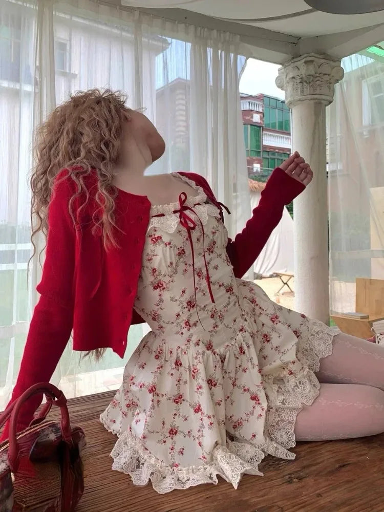 Japanese Kawaii Lolita Sweet Bow Drees Harajuku Printed Casual Cute Frock Y2k Lace Slim Skirt 2026 Summer New Stylish Elegant