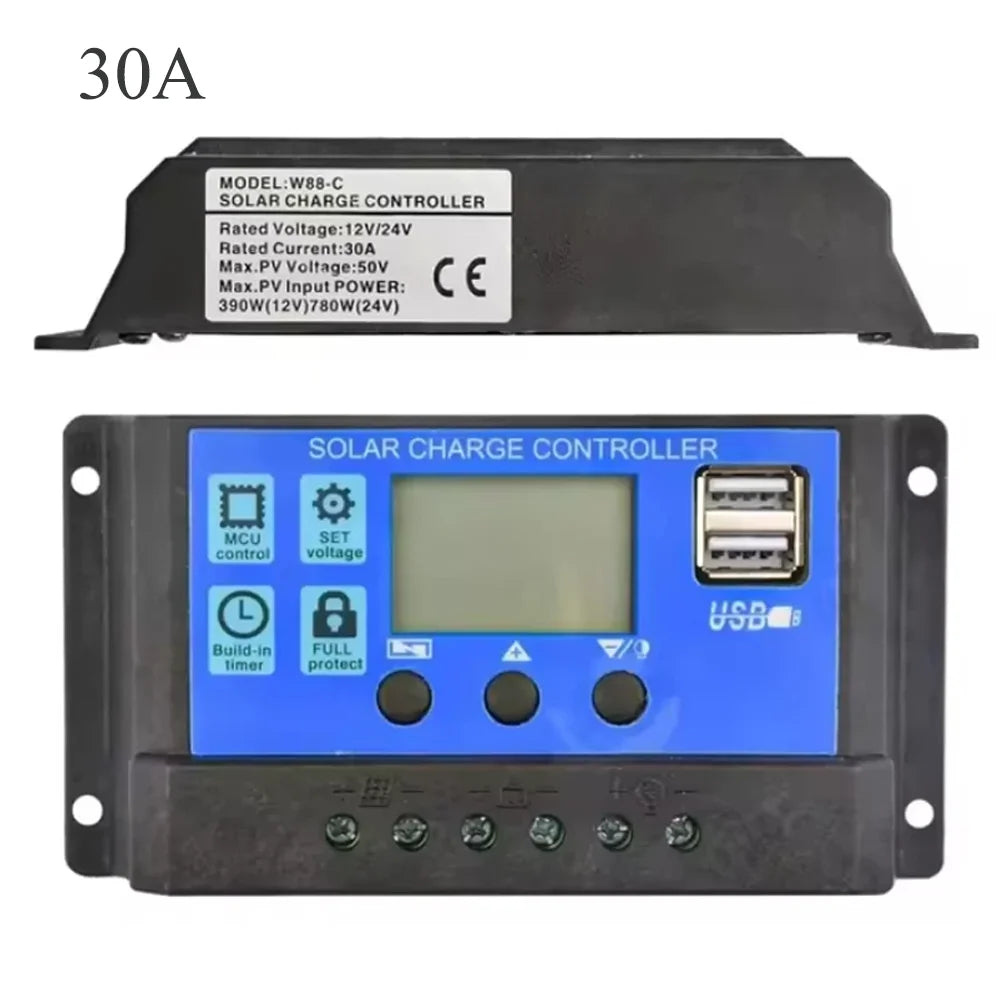 Solar Charge Controller, Photovoltaic Panel PV Regulator, Load Discharger, Auto LCD, Dual USB, 5V Output, 12V, 24V, 30A, 10A