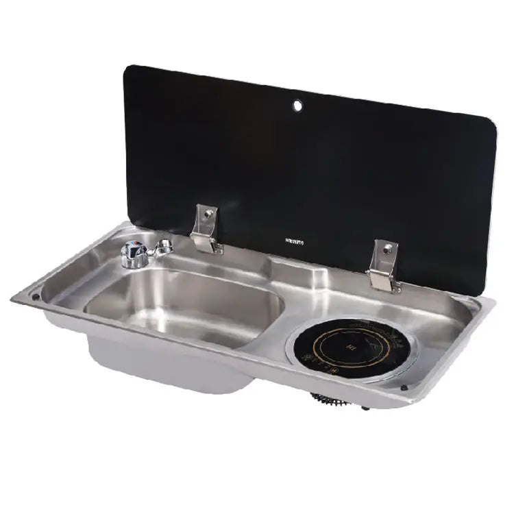 RV Kitchenware Accessories Caravan Wash Sink With Induction Cooker Single Burner Gas Stove With Tempered Glass Lid