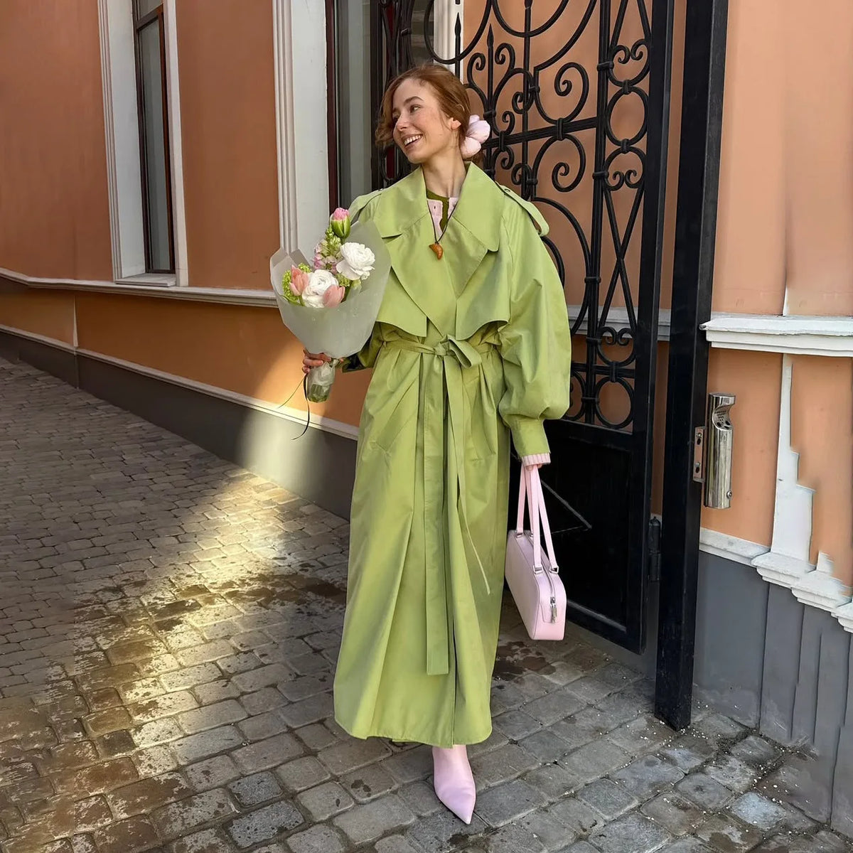 Women Green Oversized Belt Overcoat Elegant Long Sleeve Pleated Lapel Lace Up Windbreaker Autumn Lady Daily Street Outerwears