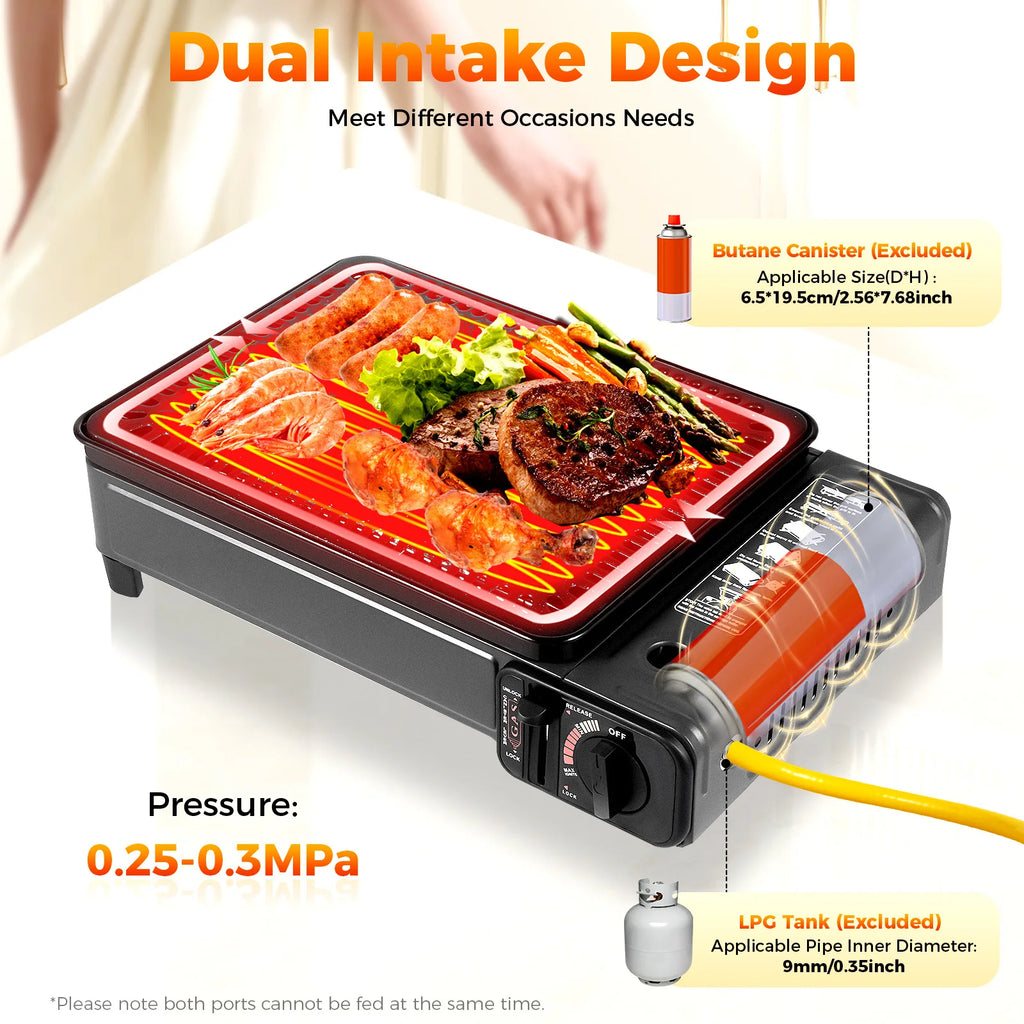 Portable Butane Gas Grill Stove Dual Inlets Adjustable Firepower with Carrying Case Grill Net for Camping Outdoor Use