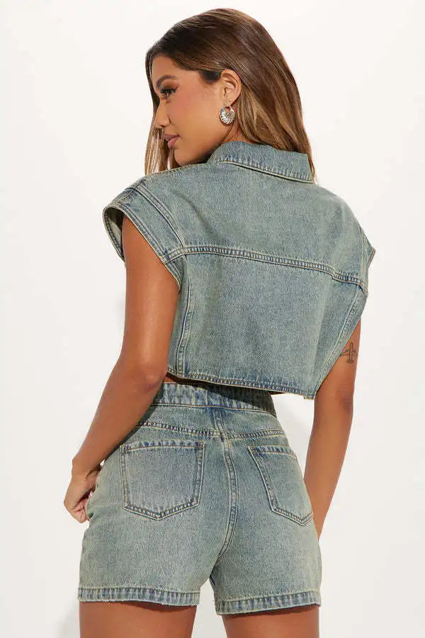 Shorts Sets Women Denim 2 Piece Suit Top Jeans Ensemble Summer 2025 Single Breasted Turn Down Collar Short Pants Vintage Outfits