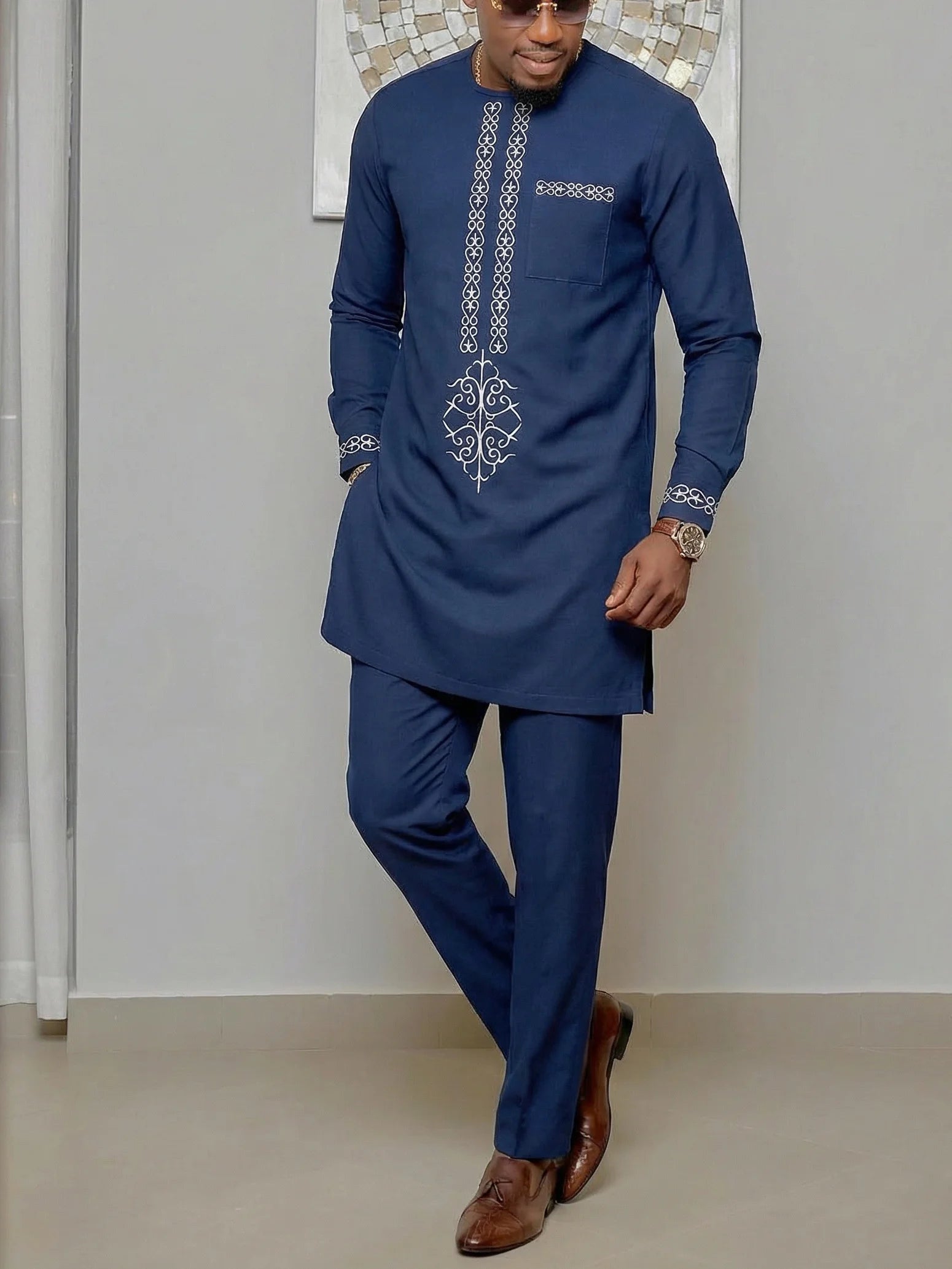 White Kaftan Men's Suit Embroidery Floral Top Pants Kaunda Suit African Casual Outfits Wear Traditional 2PCS Set Wedding Tuxedo