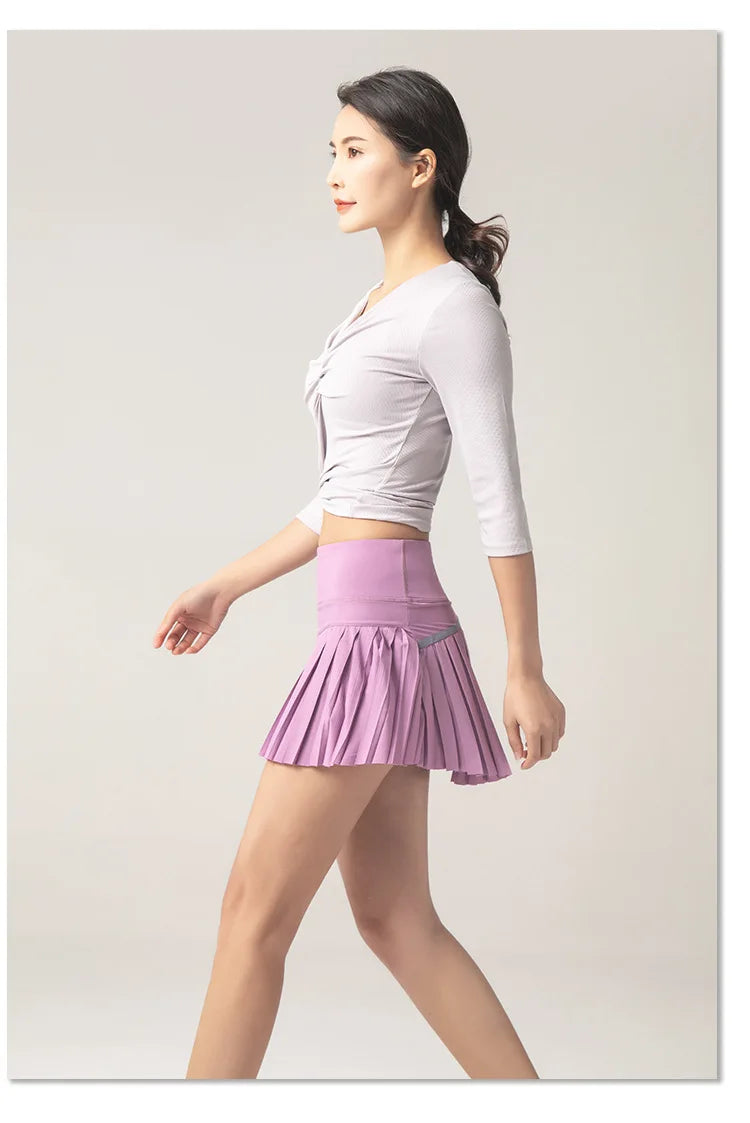 Summer Women Sports Anti Exposure Pleated Golf Tennis Skirts Fitness High Waist Elastic Athletic Run Shorts With Pocket