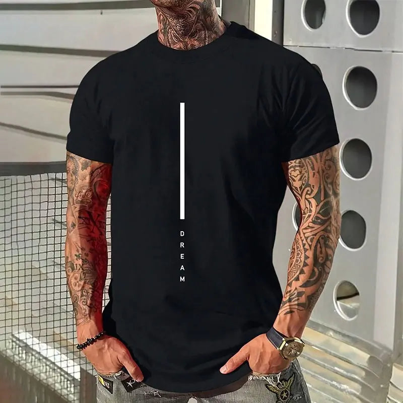 2024 New Pure Black Men's Short-sleeved T-shirt Simple Letters Printed Round Neck T-shirt Street Casual Temperament Men's Tops