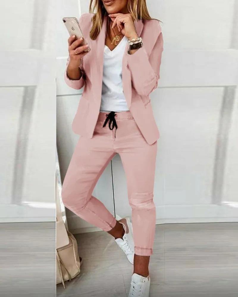2024 Women's Two Piece Pant Suit Set Outfits Spring Autumn Turn Down Print Blazer Coat Drawstring Pants Suit Women Casual Sets