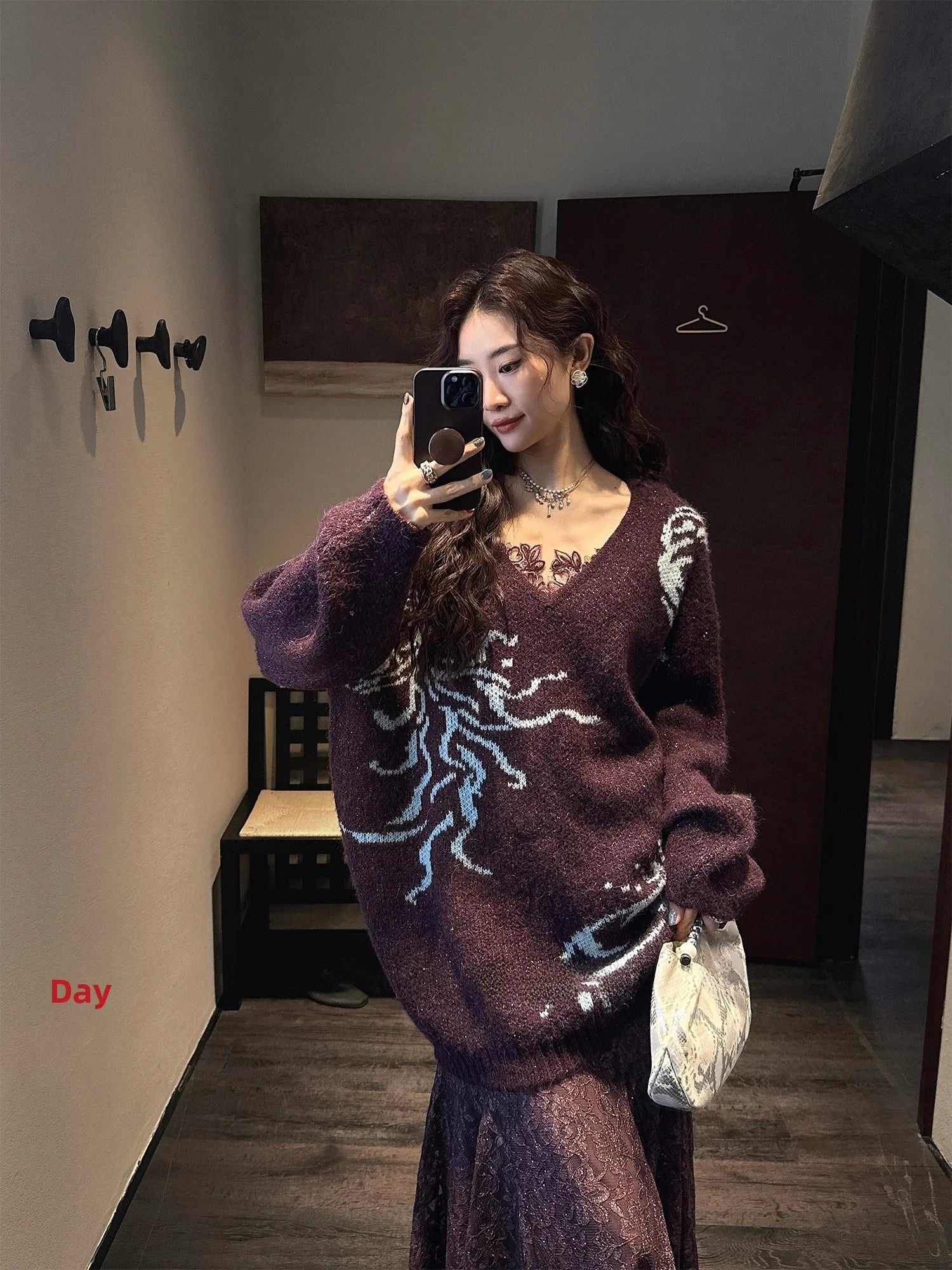 Sanji Bla Flower New Chinese Sle Gold Tead Alpaca Yarn V-ne Sweater Women's Winter Top Warmth Feat Long Sve Crew Ne