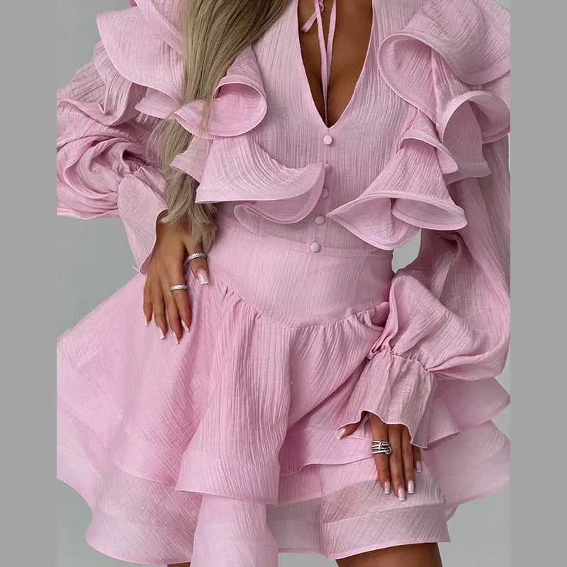 Elegant Floral Print Chiffon Dress Women's Backless Long Sleeve Ruffle Waist Cutout Tiered Dresses 2026 New Lady Party Wear