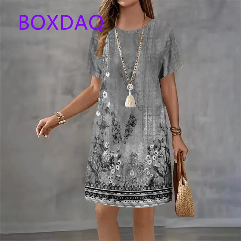 Fashion Trend 3D Imitation Denim Pattern Women's Dress New Summer Street Denim Flower Print Short Sleeve Loose Casual Mini Dress