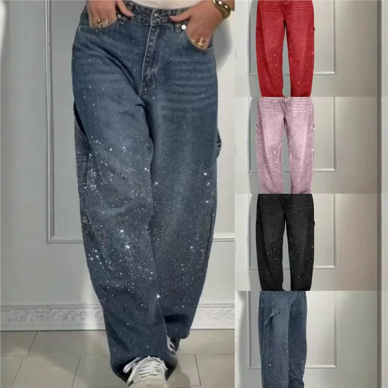 Sexy High Waist Straight Leg Women's Jeans Diamond Washed Cotton Blend Long Pants Trendy Fashionable Ladies Premium Denim