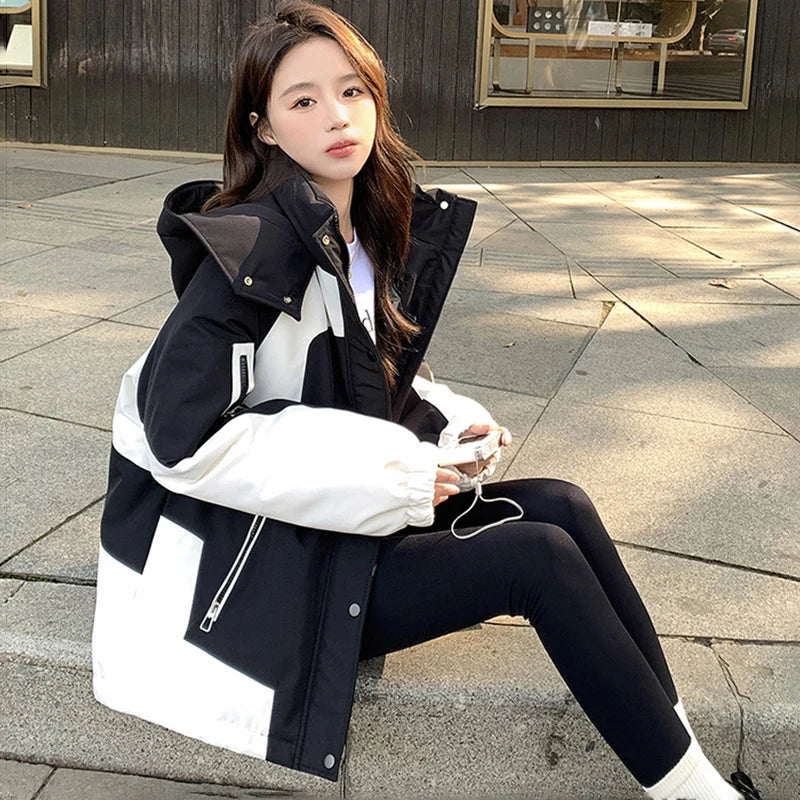 Black and White Patchwork Women Autumn Hiking Jacket Winter Winderproof Warm Hooded Coat Korean Zip Up Streetwear Couple Jackets