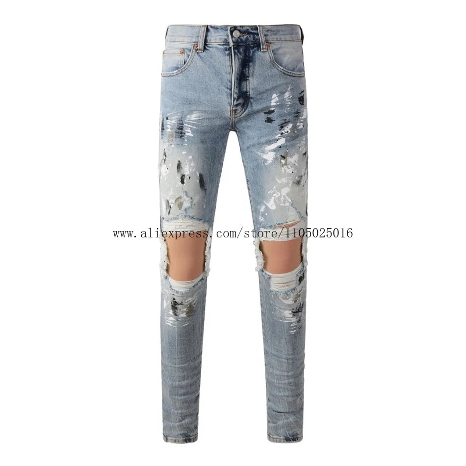 High Street American Distressed Men's Jeans Fashion Brand Coated Blank Stretch Skinny Button Fly Ripped Pants Trousers