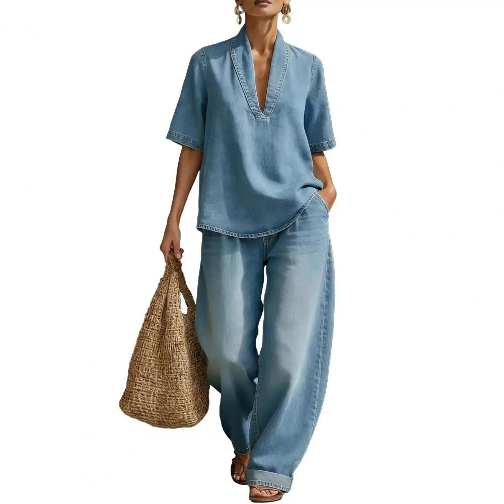Women's Summer Denim 2 Piece Set Short Sleeve Lapel V Neck Top Wide Leg Pants Casual Vacation Tracksuit Outfits