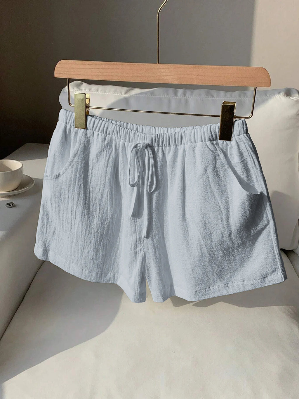 Ladies New Spring Summer Linen Solid Color Casual Sports Elastic Waist Drawstring Short Pants