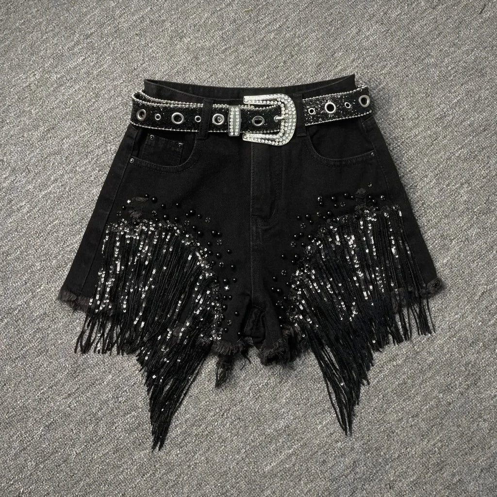 2026 Summer New Personalized Denim Shorts Women's High Waist Diamond Inlaid Heavy Industry sequins Tassel Denim Hot Pants Trendy