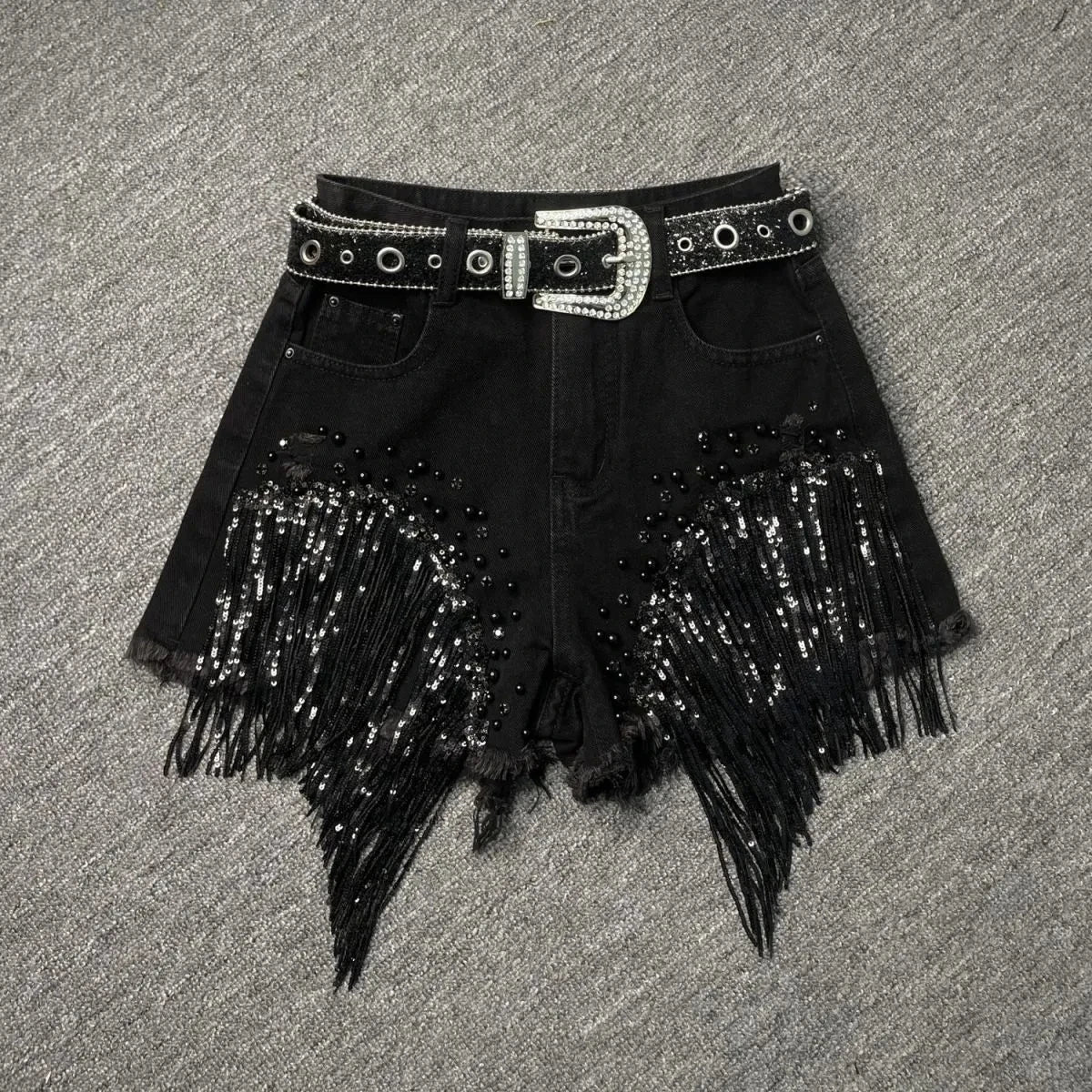 2026 Summer New Personalized Denim Shorts Women's High Waist Diamond Inlaid Heavy Industry sequins Tassel Denim Hot Pants Trendy