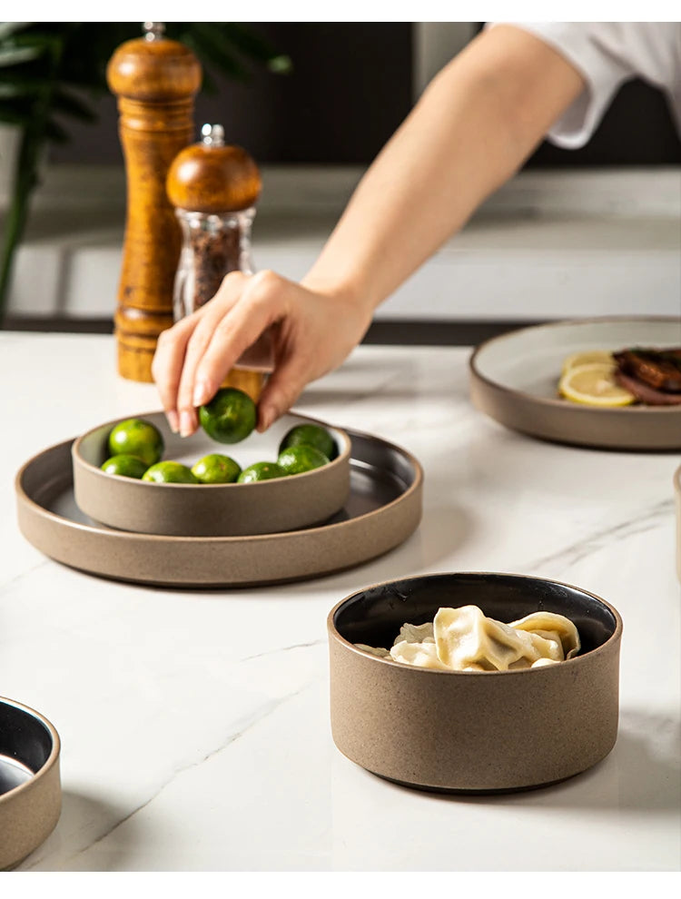 Retro Japanese Style Ceramic Bowl Set for Home Use round Shape Dinnerware Tray Dumpling Soup Noodle Bowl Matte Finish Utensils