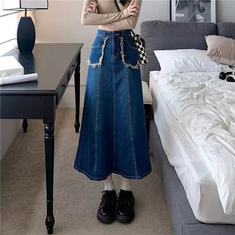 Women's Tassel Denim Long Skirts, Vintage Pocket, A-line Jeans Skirt, High Waist, Women's Fashion, Spring, S-5XL