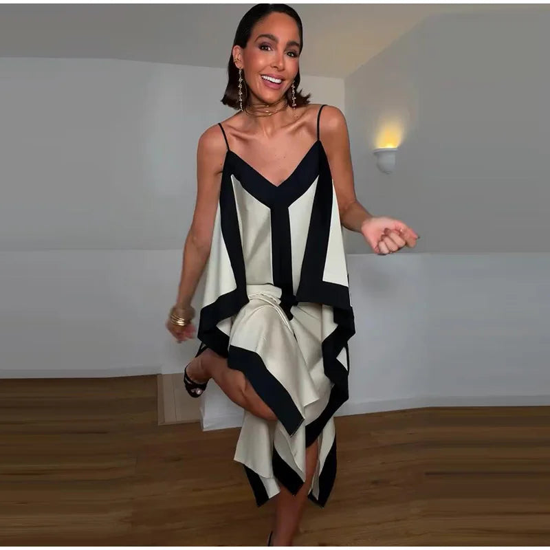 Contrast Black Trim Satin Cami Maxi Dress Deep V Neck Loose Flowy Ruffle Hem Lady Long Gown 2026 Summer Formal Vacation Dresses