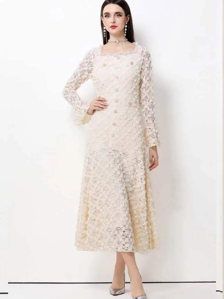Elegant Square Neck Lace Three-Dimensional Flower Trumpet Sleeve Slim Fit Dress 2025 New Fashionable Autumn Women'S Clothing