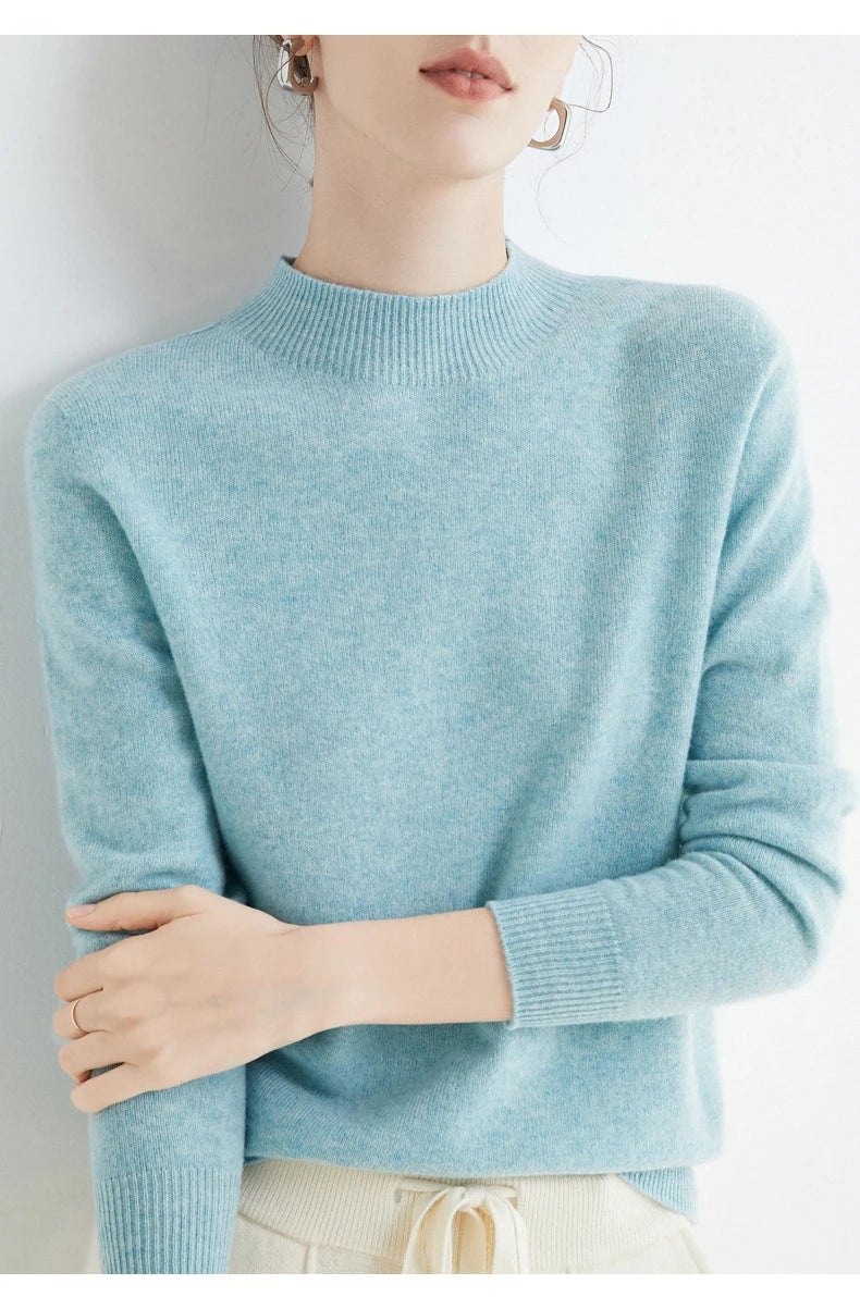 First-Line Seamless Women's Half-Turtleneck 100% Pure Wool Sweater Solid Color Long Sleeve Pullover Knitted Bottoming Sweater