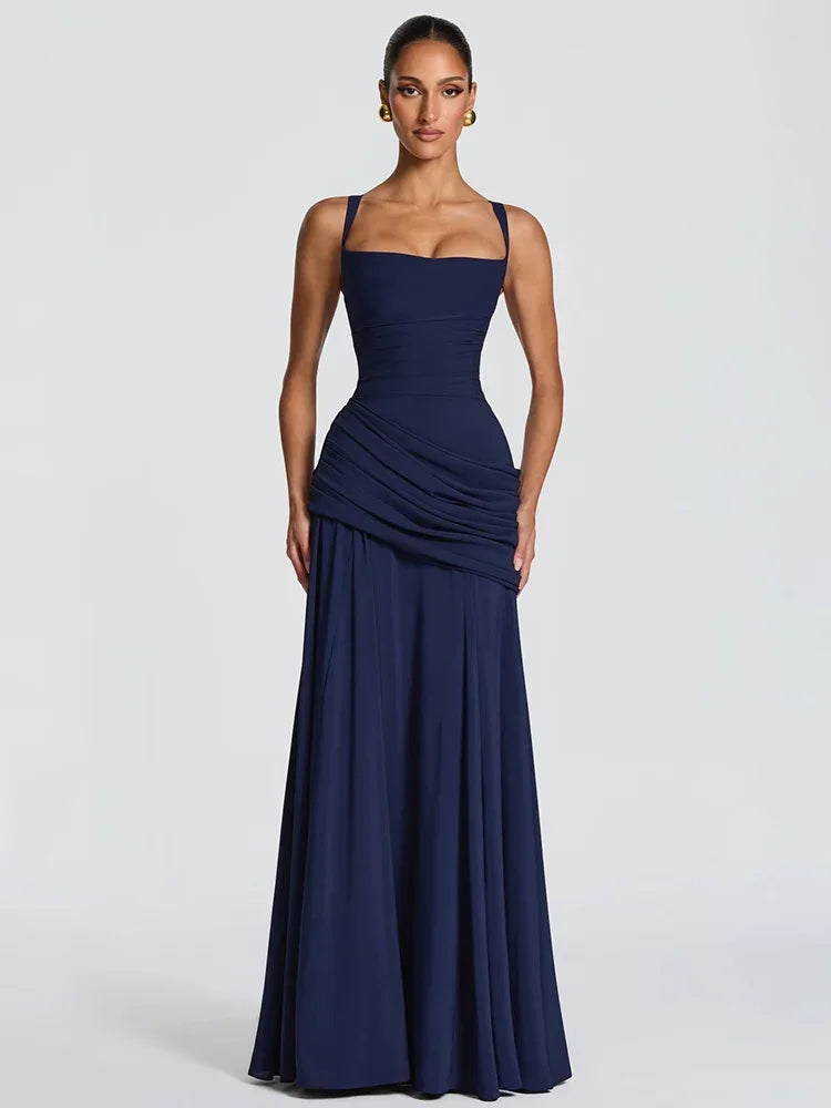 Elegant Solid Pleated Sling Dress Women Sexy Square Neck Sleeveless High Waist Slim Maxi Dresses 2026 Lady Party Evening Robe