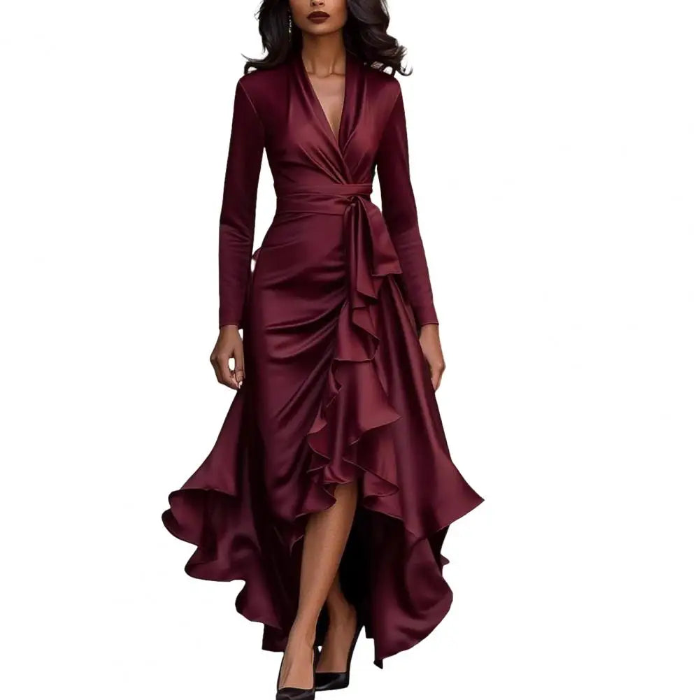 2026 Evening Dress Women Long Sleeve V Neck High Waist Slim Fit Ruffle Solid Color Elegant Fashion Party Spring Autumn Dress 80%