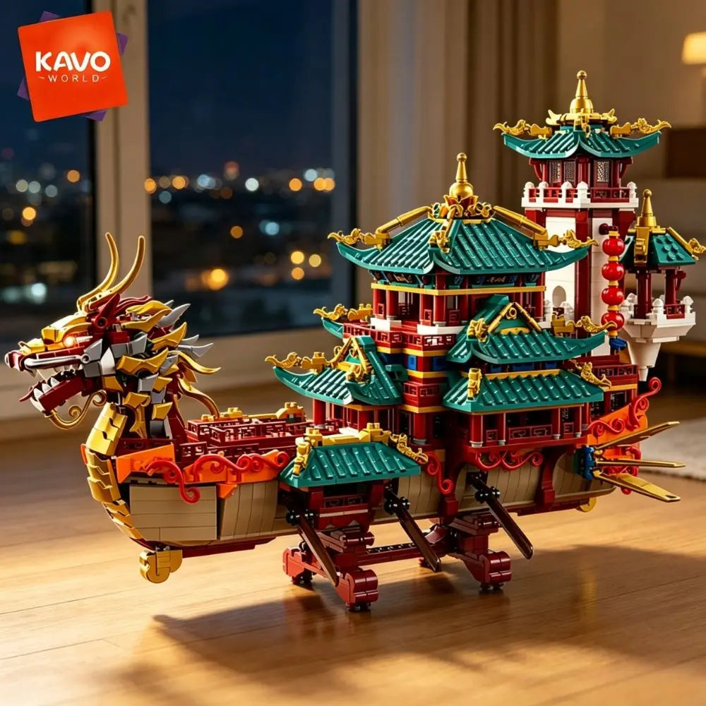 KAVOWORLD 2453pcs Dragon Boat Building Blocks Festival Chinese Ancient Pavilion Ship Display Model with LED Light Traditional DIY Loong Vessel Brick Assembly Puzzle Set Home Ornament Architecture MOC Construction Kit Hallowee