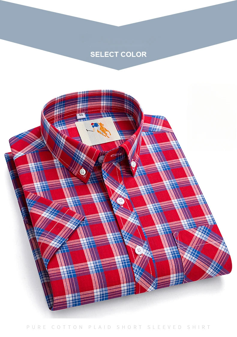 Fashion Korean Plus Size 8XL 100%Cotton Short Sleeve Shirts for Men Slim Fit Formal Plain Shirt Plaid Hawaiian Shirt Casual Top