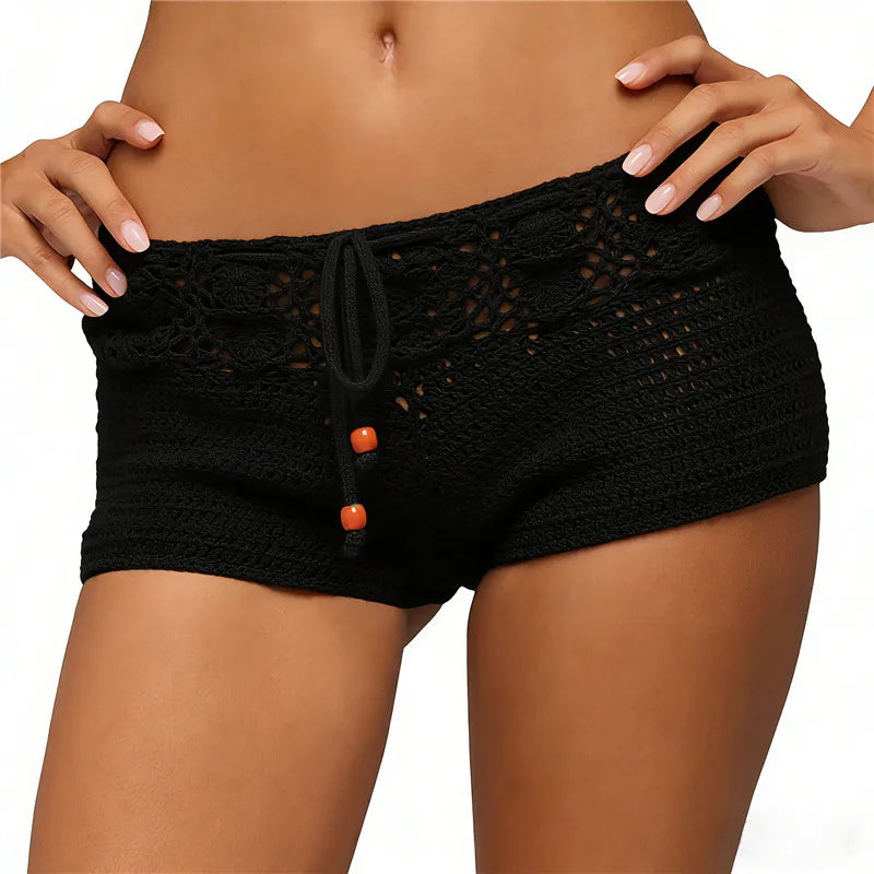 Boho Crochet Knit Shorts Women Hollow Out Asymmetrical Drawstring Waist Beach Hot Pants Festival Rave Outfit Summer Streetwear