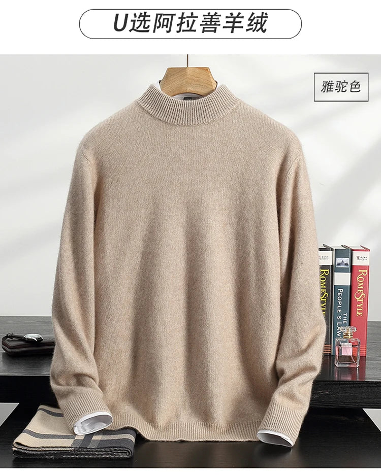 Autumn/Winter Men's 100% Cashmere Pullover Business Casual Solid Knitted Sweater Loose Half High Neck Tops Thick Warm Jumper