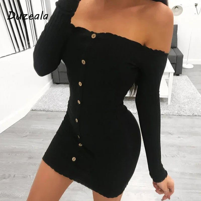 Customizable Trendy Women Long Sleeve Solid Button Off Shoulder Slash Neck Evening Casual Party cotton Bodycon Mini Dresses