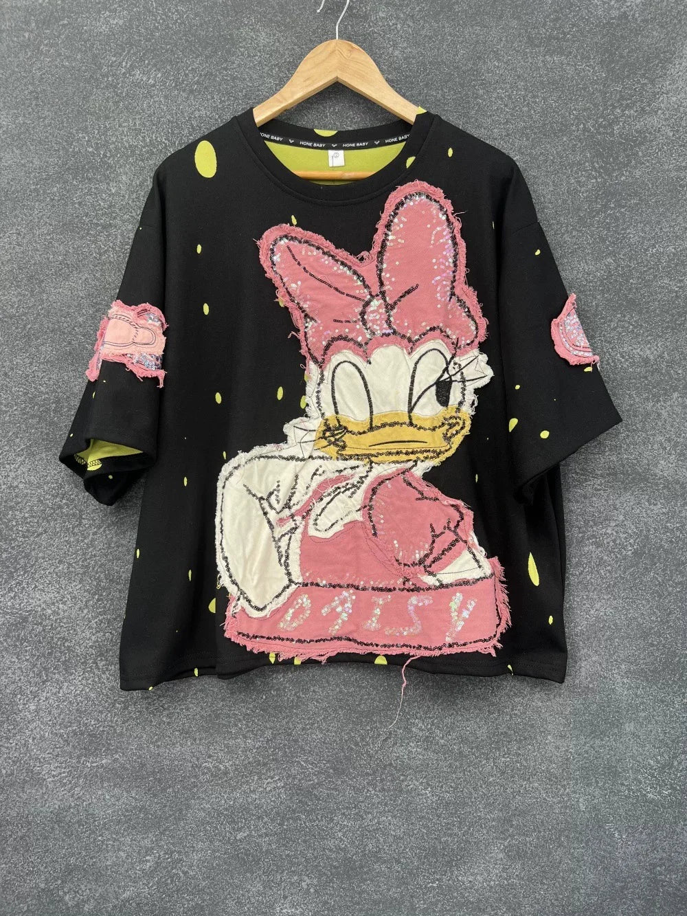 European and American style loose women's T-shirt short sleeved Daisy cartoon printed embroidered hole design top