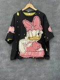 European and American style loose women's T-shirt short sleeved Daisy cartoon printed embroidered hole design top