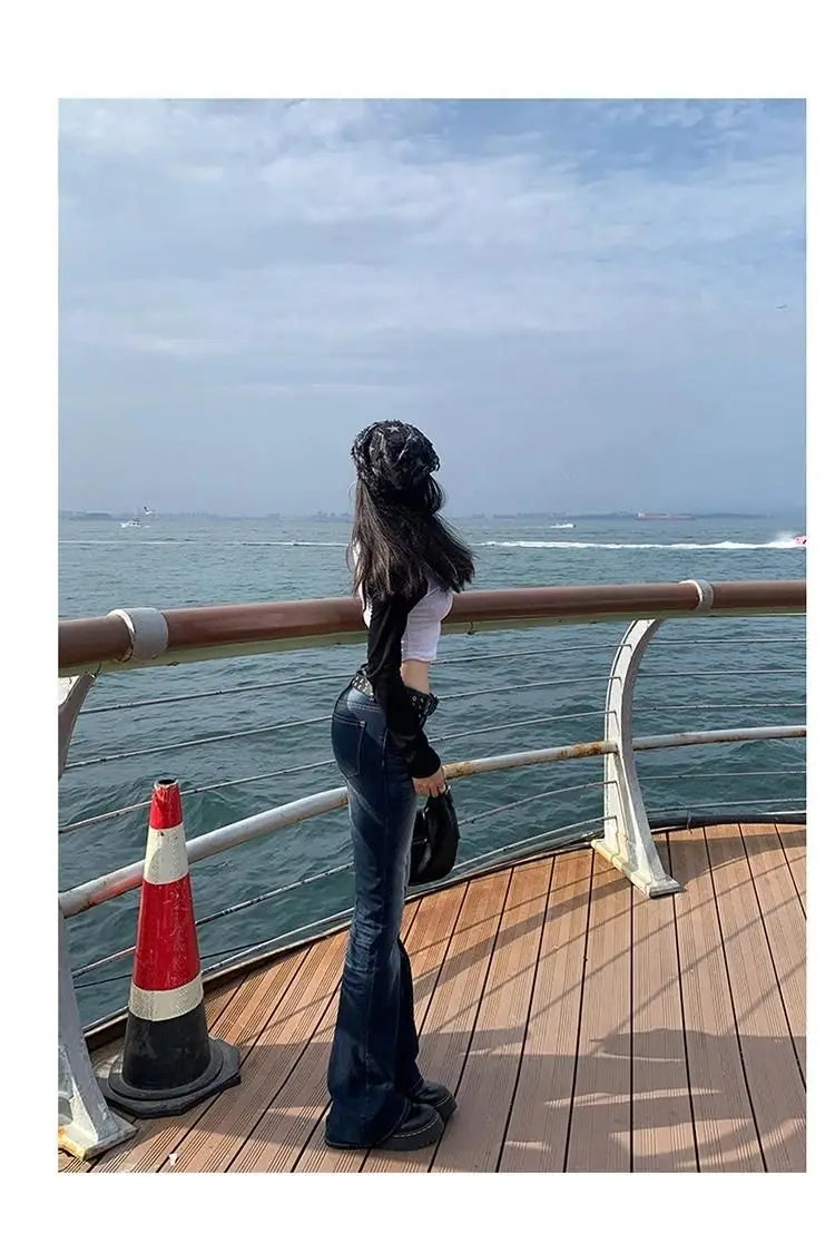 Y2K Slim Fit High Waist Casual Womens Jeans Retro Denim Pants Low Rise Flared Trousers Long Bootcut Drag Autumn for Women