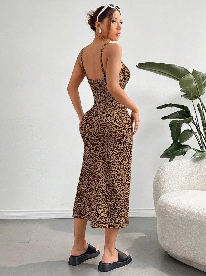 Elegant Women's Sleeveless Spaghetti Strap Long Leopard Print High Slit Backless Ruched Dress for Party Sexy Evening Clothes