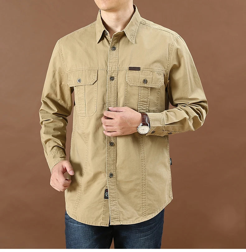 100% Cotton High Quality Spring Fall Fashion Men's Long-Sleeve Solid Color Casual Shirt Multi Pocket 6XL Large Size Cargo Jacket