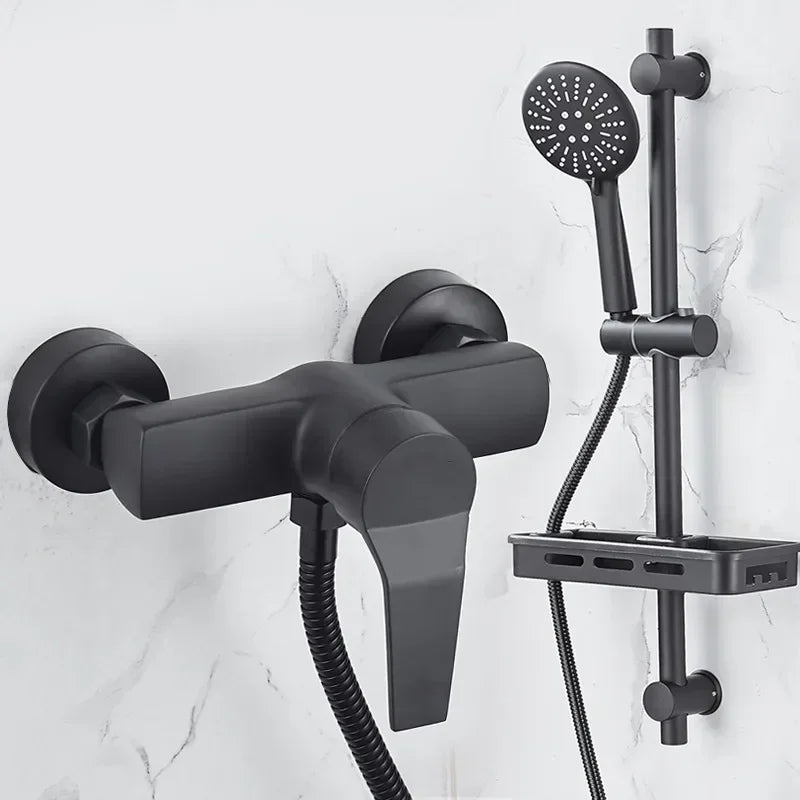 Black Wall-Mounted Shower Mixer Faucet - Single Handle Hot/Cold Water Control Valve for Household Bathroom Accessories