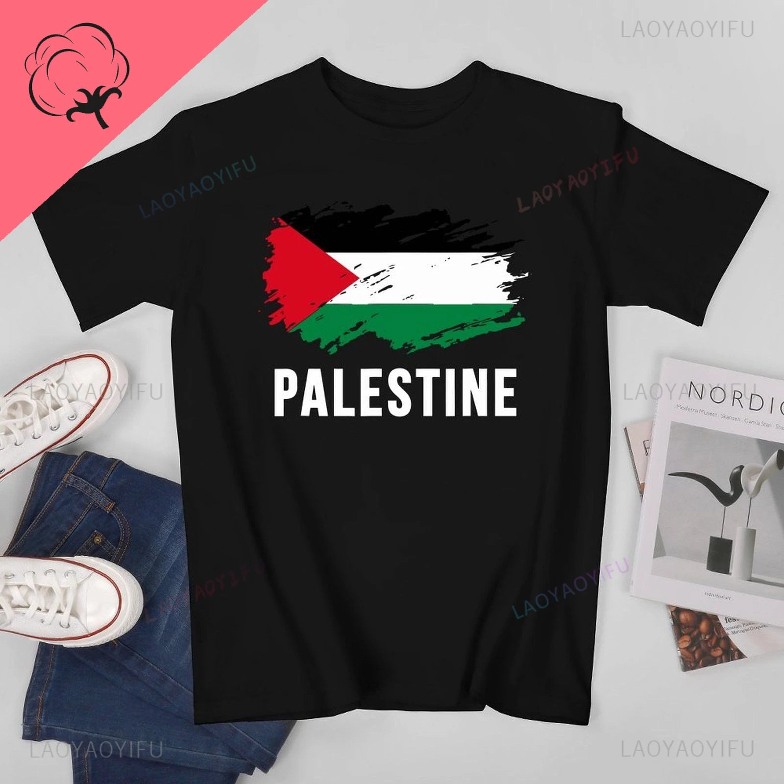 Classic Unisex Men Vintage Palestine Flag Printed T-shirt Casual Loose Tees T Shirts Women Summer Outdoors Cotton T-Shirt